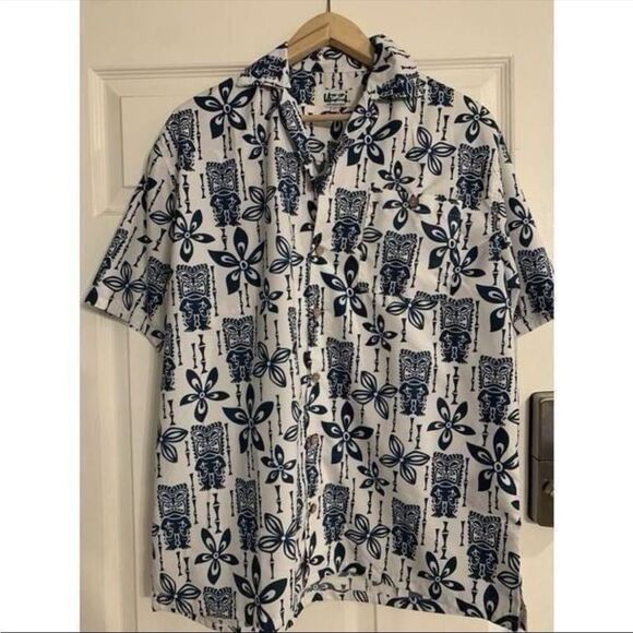Uzzi Amphibious Gear Shirt Mens M Tiki Blue White Hawaiian Shirt Blue White - Picture 2 of 5